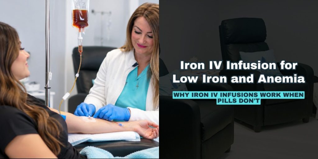 Patient relaxing during an iron IV infusion to treat low iron at an IV therapy lounge in Lakewood Ranch