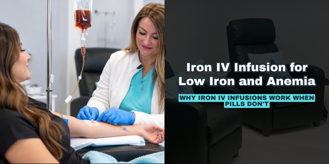 Patient relaxing during an iron IV infusion to treat low iron at an IV therapy lounge in Lakewood Ranch